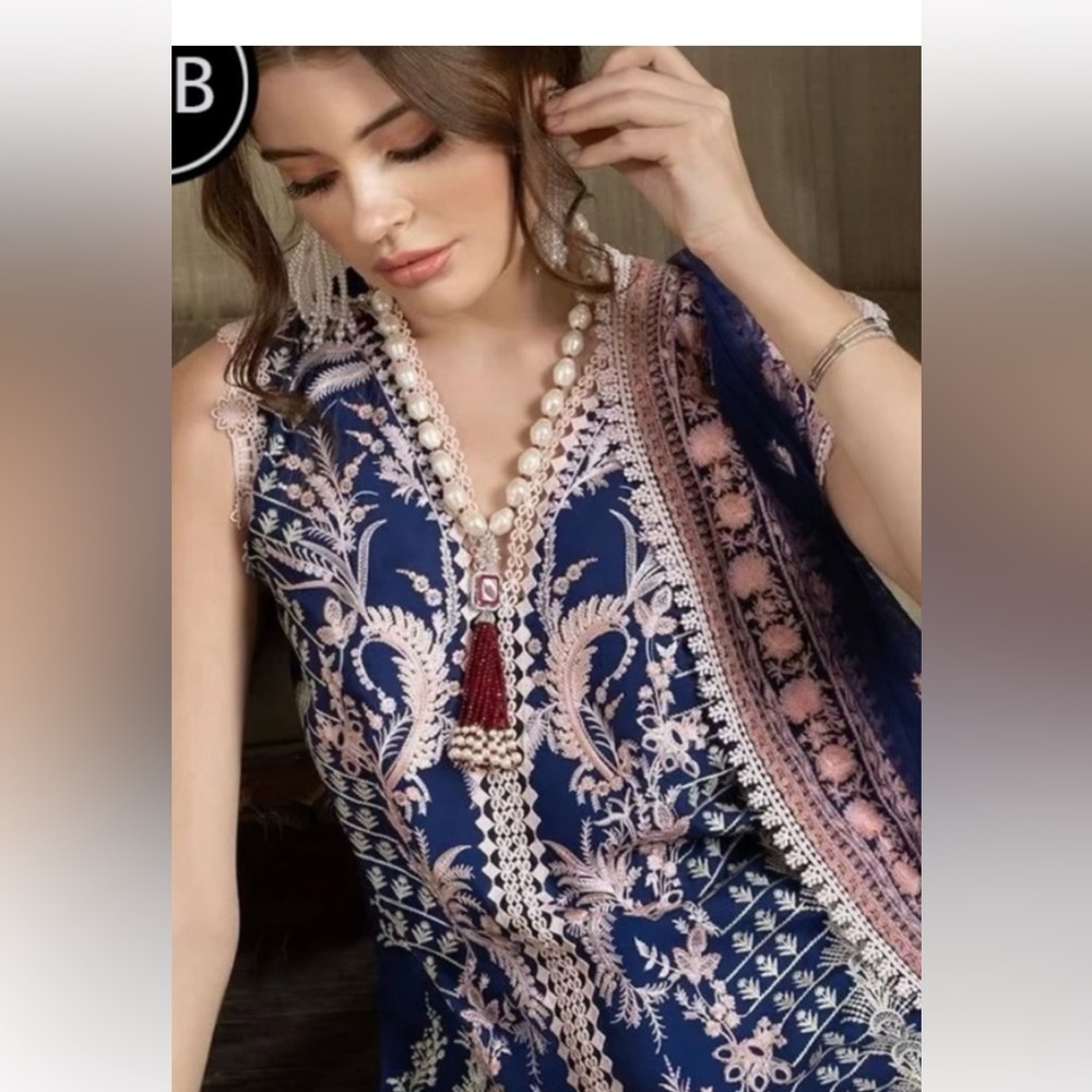 Elegant Blue, White and Pink Embroidered Sobia Nazir Pant, Top and Dupatta